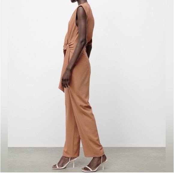 Zara NWT beige tan wrap O ring tie open back cutout jumpsuit - Picture 7 of 8